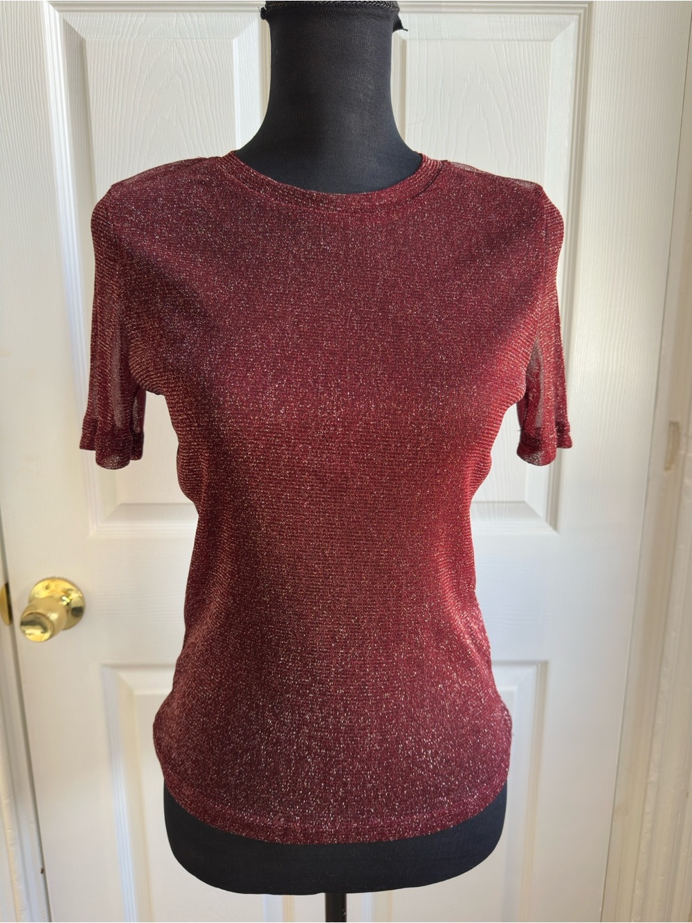 Shimmer Knit Short-Sleeve Top - Wine Red
